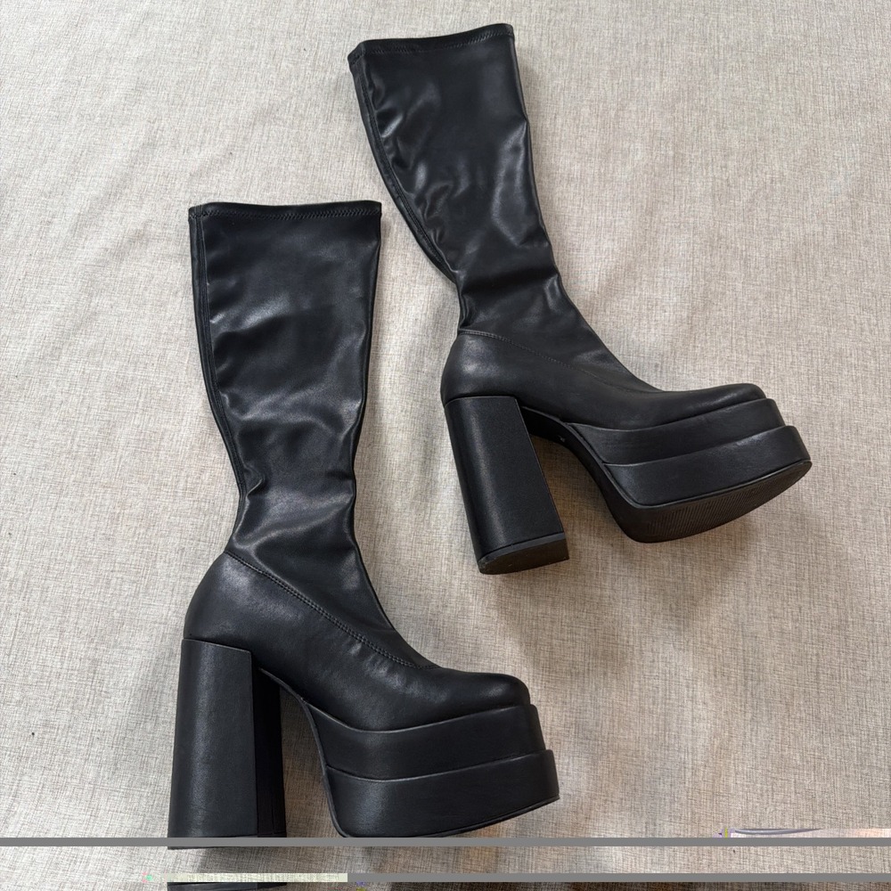Steve Madden Y2K Cypress Platform Knee High Boots Womens 7.5 Black Chunky Heel